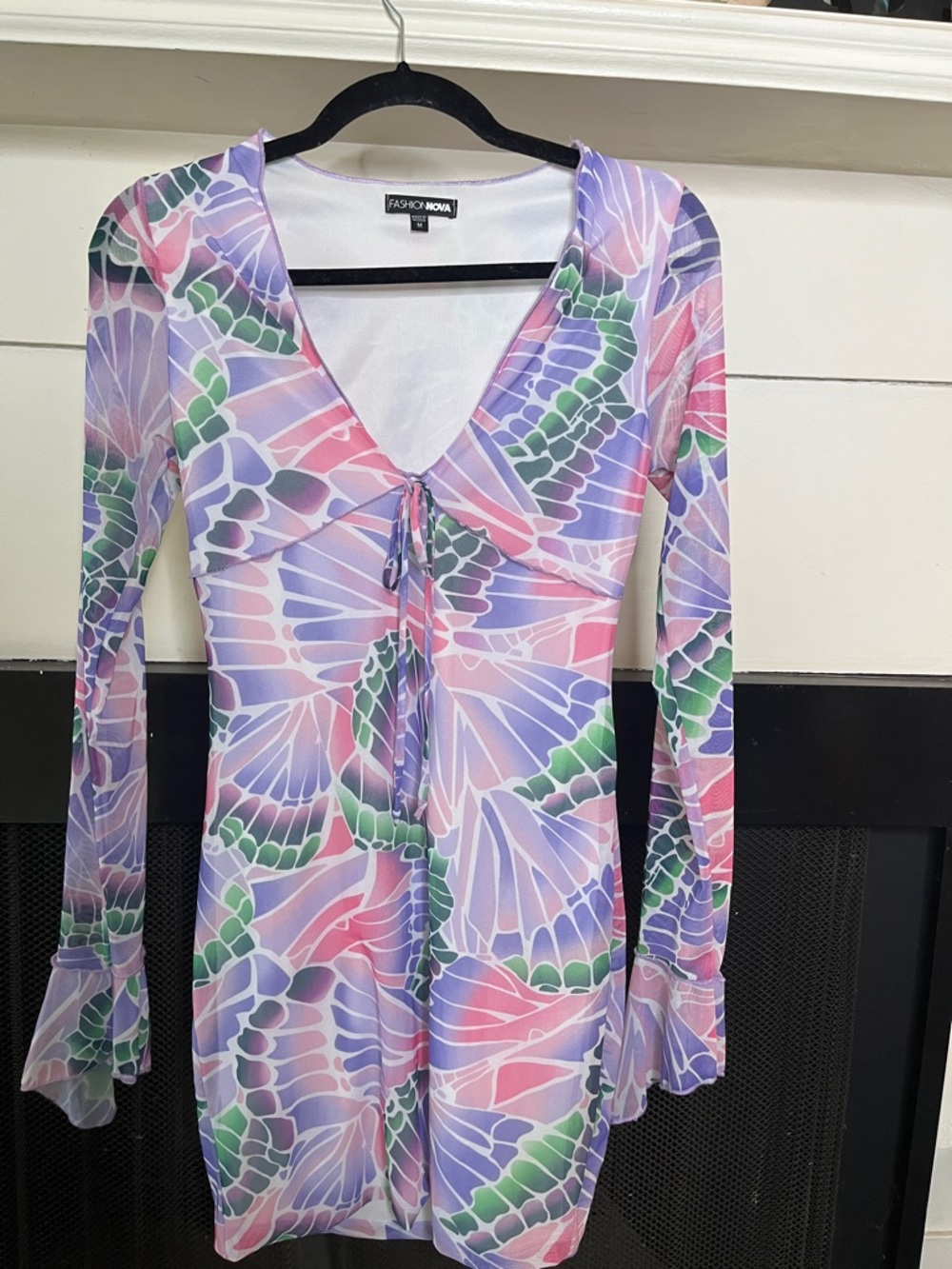 Fashion Nova Pastel Butterfly Tie-Front Mini Dress in Lavender Pink Green